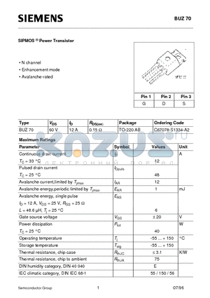 BUZ70 datasheet - SIPMOS Power Transistor (N channel Enhancement mode Avalanche-rated)