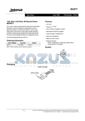 BUZ71 datasheet - 14A, 50V, 0.100 Ohm, N-Channel Power MOSFET