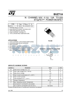 BUZ71A datasheet - N - CHANNEL 50V - 0.1W - 13A TO-220 STripFET] POWER MOSFET