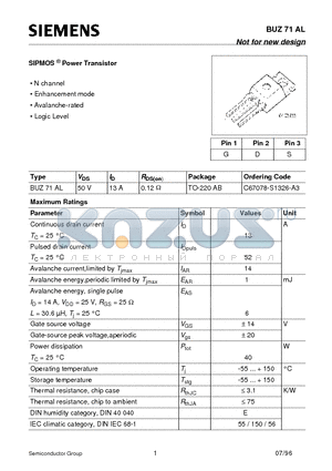 BUZ71AL datasheet - SIPMOS Power Transistor (N channel Enhancement mode Avalanche-rated Logic Level)