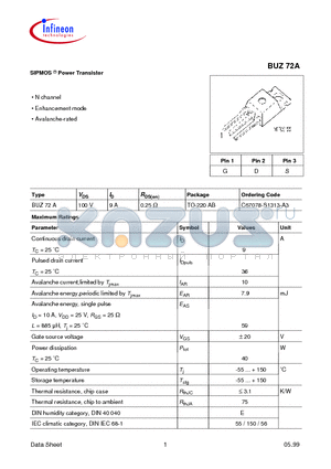 BUZ72A datasheet - SIPMOS  Power Transistor