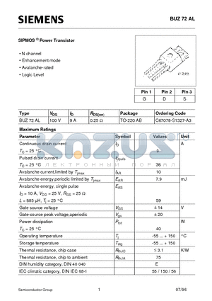BUZ72AL datasheet - SIPMOS Power Transistor (N channel Enhancement mode Avalanche-rated Logic Level)