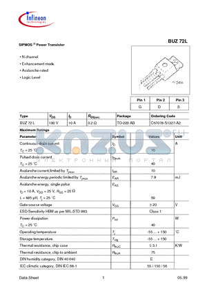 BUZ72L datasheet - SIPMOS  Power Transistor