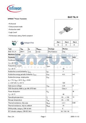 BUZ73LH datasheet - SIPMOS Power Transistor