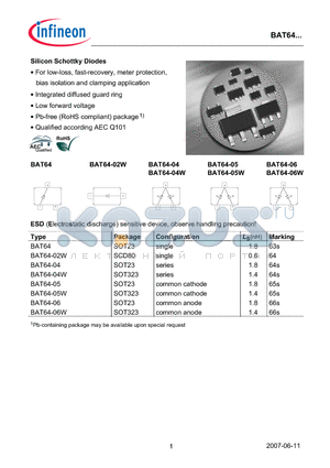 BAT64 datasheet - Silicon Schottky Diodes