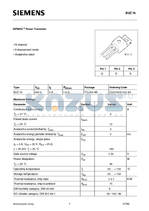 BUZ76 datasheet - SIPMOS  Power Transistor