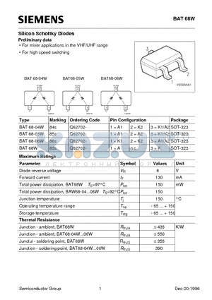 BAT68-05W datasheet - Silicon Schottky Diodes (For mixer applications in the VHF/UHF range For high speed switching)