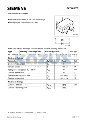 BAT68-07W datasheet - Silicon Schottky Diodes (For mixer applications in the VHF / UHF range For high-speed switching applications)