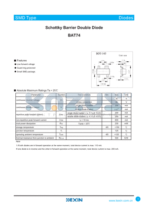 BAT74 datasheet - Schottky Barrier Double Diode