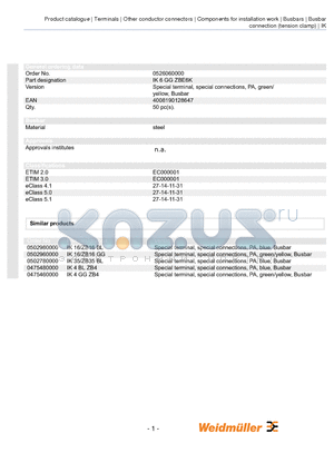 0526060000 datasheet - Special terminal, special connections, PA, green/ yellow, Busbar