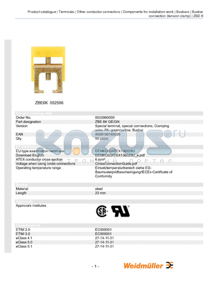 0525910000 datasheet - Special terminal, special connections, Clamping yoke, PA, green/yellow, Busbar