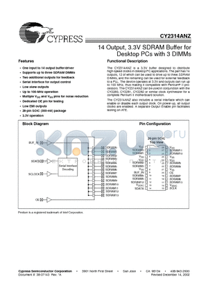 CY2314ANZSC-1 datasheet - 14 Output, 3.3V SDRAM Buffer for Desktop PCs with 3 DIMMs