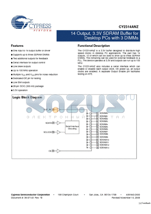 CY2314ANZSXC-1T datasheet - 14 Output, 3.3V SDRAM Buffer for Desktop PCs with 3 DIMMs