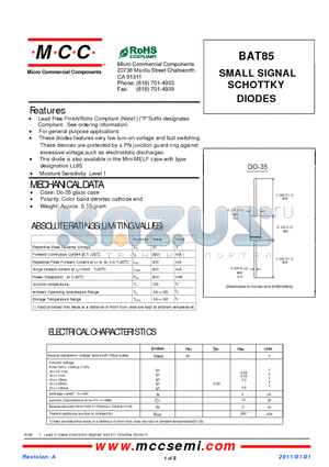 BAT85 datasheet - SMALL SIGNAL SCHOTTKY DIODES