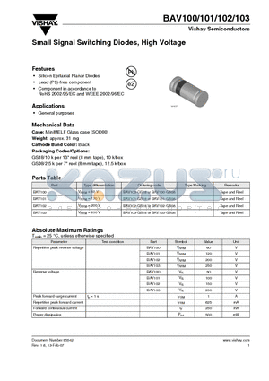 BAV101 datasheet - Small Signal Switching Diodes, High Voltage