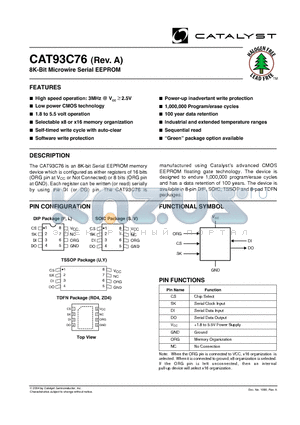 CAT93C76YITE13 datasheet - 8K-Bit Microwire Serial EEPROM
