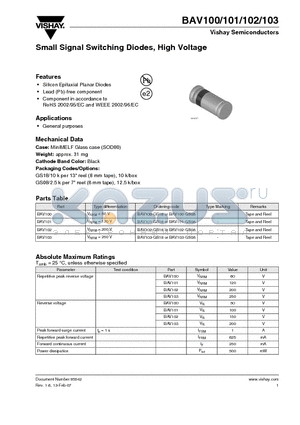BAV102 datasheet - Small Signal Switching Diodes, High Voltage