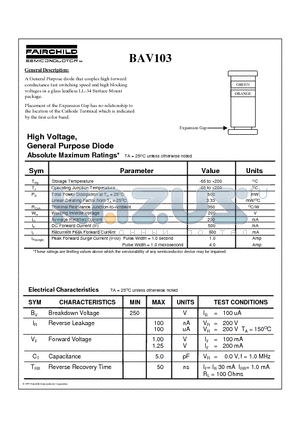 BAV103 datasheet - High Voltage, General Purpose Diode