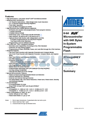 ATMEGA644V datasheet - 8-bit Microcontroller with 64K Bytes In-System Programmable Flash