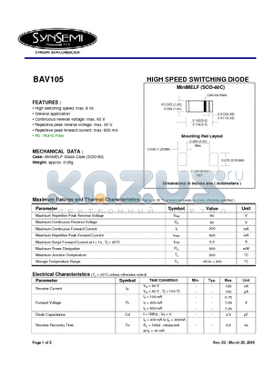 BAV105 datasheet - HIGH SPEED SWITCHING DIODE