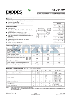 BAV116W-7-F datasheet - SURFACE MOUNT LOW LEAKAGE DIODE