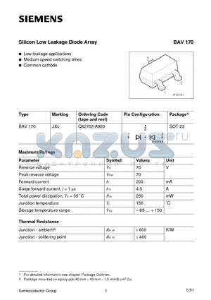 BAV170 datasheet - Silicon Low Leakage Diode Array (Low leakage applications Medium speed switching times Common cathode)