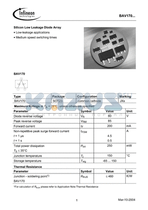 BAV170 datasheet - Silicon Low Leakage Diode Array