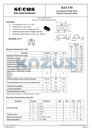 BAV170 datasheet - Low-leakage Double Diode