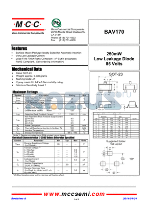 BAV170 datasheet - 250mW Low Leakage Diode 85 Volts