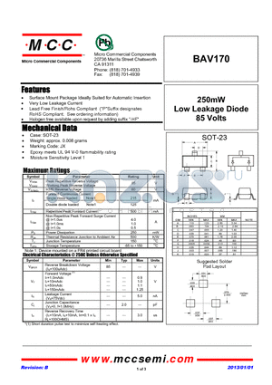 BAV170_13 datasheet - 250mW Low Leakage Diode 85 Volts