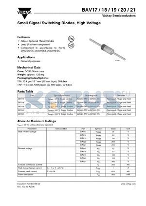 BAV18 datasheet - Small Signal Switching Diodes, High Voltage