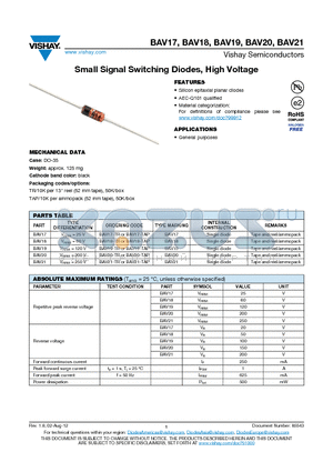 BAV18 datasheet - Small Signal Switching Diodes, High Voltage