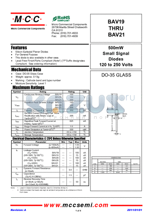 BAV19 datasheet - 500mW Small Signal Diodes 120 to 250 Volts