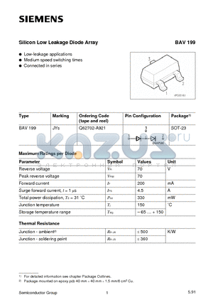 BAV199 datasheet - Silicon Low Leakage Diode Array (Low-leakage applications Medium speed switching times Connected in series)