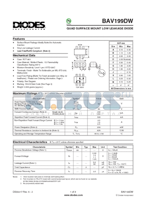 BAV199DW-7-F datasheet - QUAD SURFACE MOUNT LOW LEAKAGE DIODE