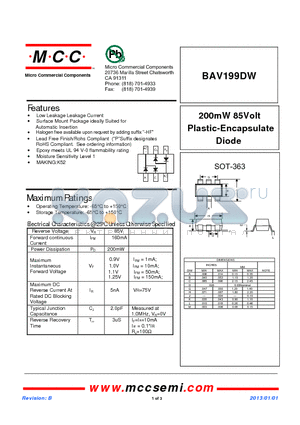 BAV199DW_13 datasheet - 200mW 85Volt Plastic-Encapsulate Diode