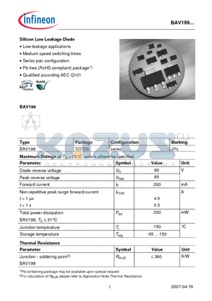 BAV199_07 datasheet - Silicon Low Leakage Diode