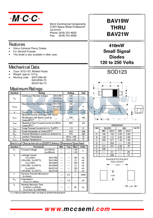 BAV19W datasheet - 410mW Small Signal Diodes 120 to 250 Volts