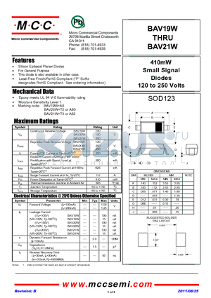 BAV19W datasheet - 410mW Small Signal Diodes 120 to 250 Volts