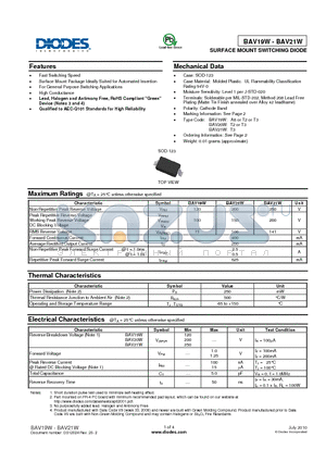 BAV19W-7-F datasheet - SURFACE MOUNT SWITCHING DIODE