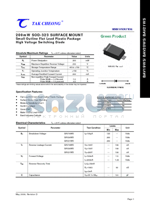 BAV19WS datasheet - 200mW SOD-323 SURFACE MOUNT Small Outline Flat Lead Plastic Package High Voltage Switching Diode