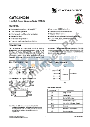 CAT93HC46UA-1.8TE13 datasheet - 1-kb High Speed Microwire Serial EEPROM