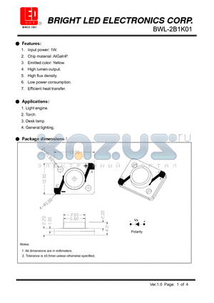 BWL-2B1K01 datasheet - 1W AlGaInP Yellow Low power consumption.