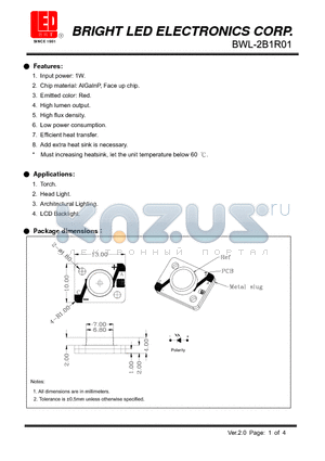 BWL-2B1R01 datasheet - 1W AlGaInP Face up chip Red Low power consumption.