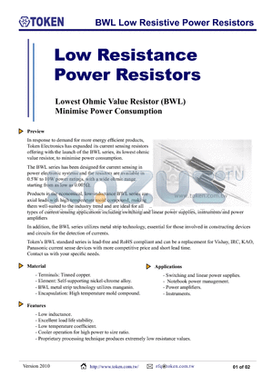 BWL1WR01FP datasheet - BWL Low Resistive Power Resistors