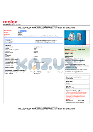 0542979131 datasheet - HMC Rectangular Industrial Female Terminal, 54297, 12 AWG, White Retainer