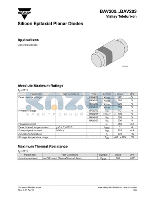 BAV203 datasheet - Silicon Epitaxial Planar Diodes