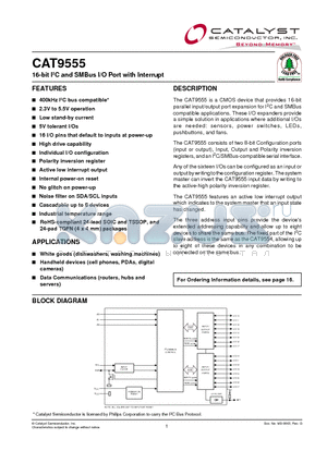 CAT9555 datasheet - 16-bit I2C and SMBus I/O Port with Interrupt