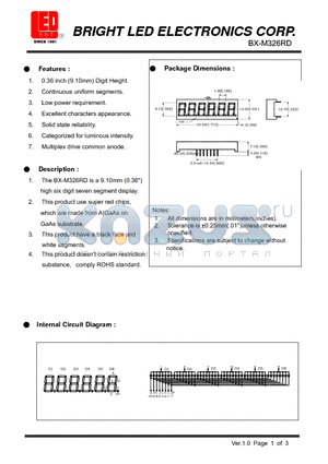 BX-M326RD datasheet - 9.10mm (0.36) high six digit seven segment display.