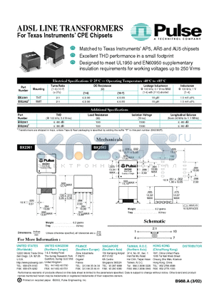 BX2361 datasheet - ADSL LINE TRANSFORMERS For Texas Instruments CPE Chipsets